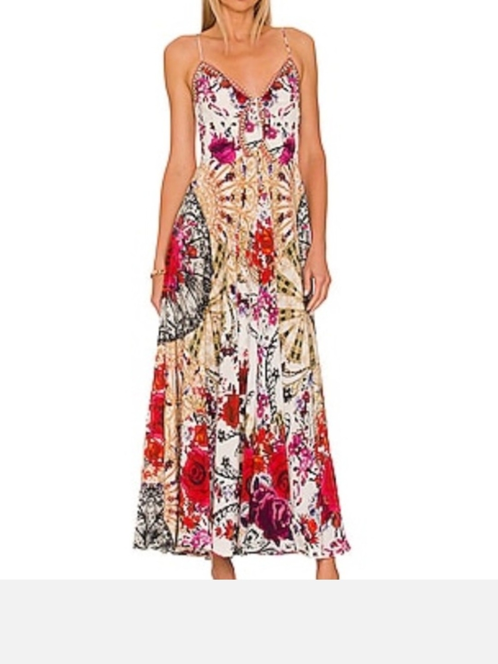 Spaghetti-Strap Floral Maxi Dress in White, Pink & Red